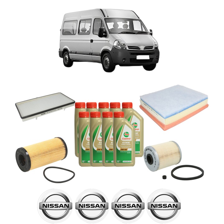 Pachet filtre revizie Bosch, 9 litrii ulei Castrol 5W40 NISSAN INTERSTAR Bus (X70) dCi 115 din 2002-2006, 4x Stickere auto cu NISSAN