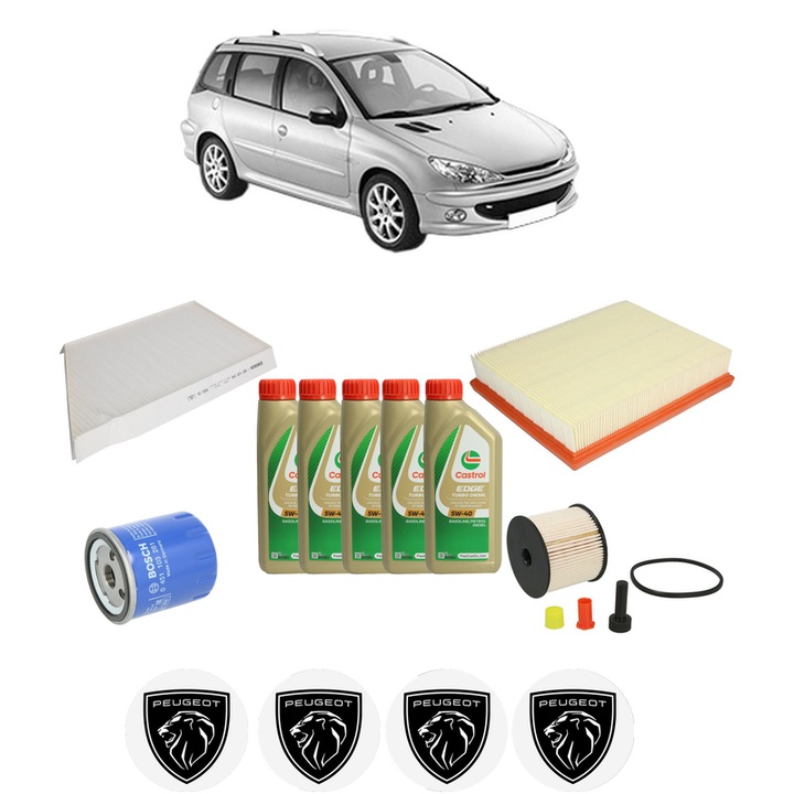 Pachet filtre revizie Bosch, 5 litrii ulei Castrol 5W40 PEUGEOT 206 SW (2E/K) 2.0 HDi din 2002-2007, 4x Stickere auto cu PEUGEOT