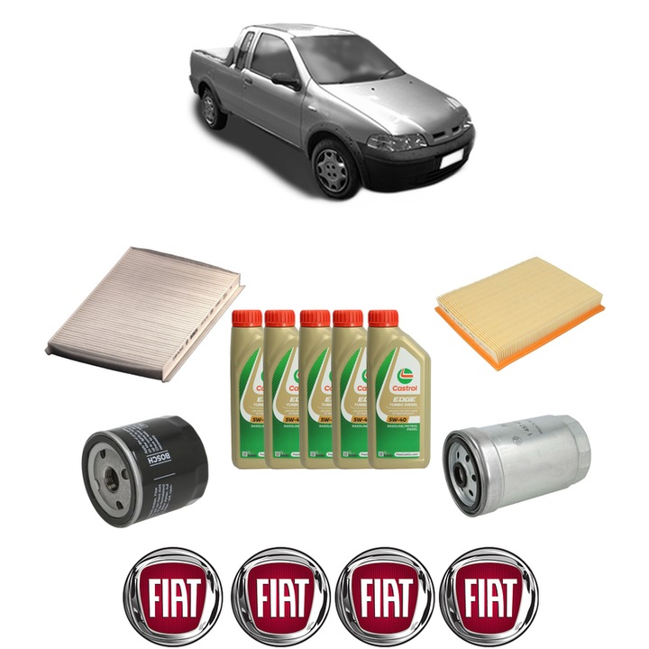 Pachet filtre revizie Bosch, 5 litrii ulei Castrol 5W40 FIAT STRADA Pickup (178_, 278_) 1.9 JTD din 2003, 4x Stickere auto cu FIAT