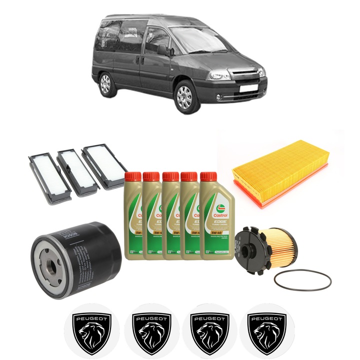 Pachet filtre revizie Bosch, 5 litrii ulei Castrol 5W40 PEUGEOT EXPERT (224_) 1.9 D din 2003-2006, 4x Stickere auto cu PEUGEOT