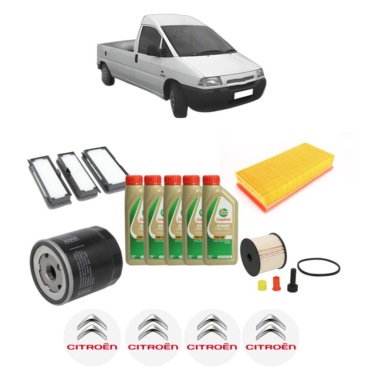 Pachet filtre revizie Bosch, 5 litrii ulei Castrol 5W40 CITROEN JUMPY I Platform/Chassis (BU_, BV_, BW_, BX_) 2.0 HDi 110 din 2003-2006, 4x Stickere auto cu CITROEN