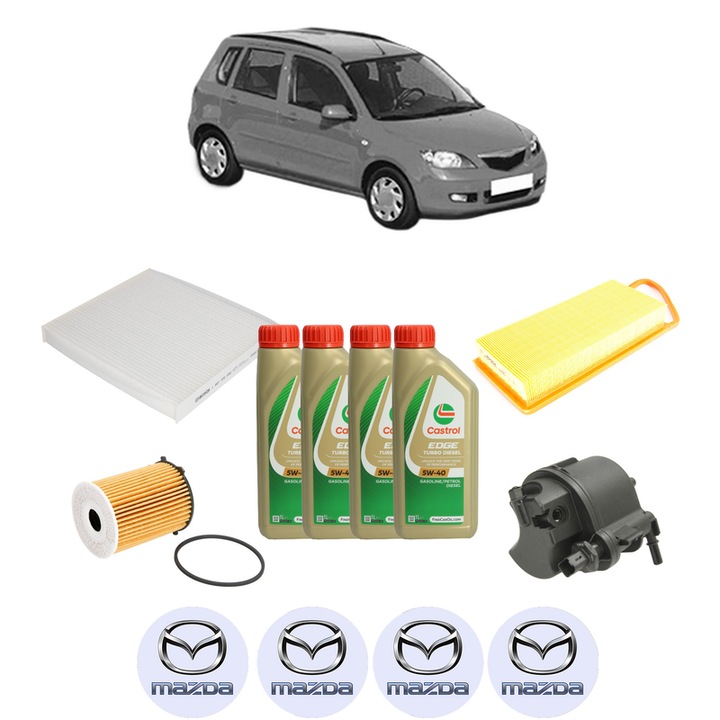 Pachet filtre revizie Bosch, 4 litrii ulei Castrol 5W40 MAZDA 2 (DY) 1.4 CD din 2003-2007, 4x Stickere auto cu MAZDA