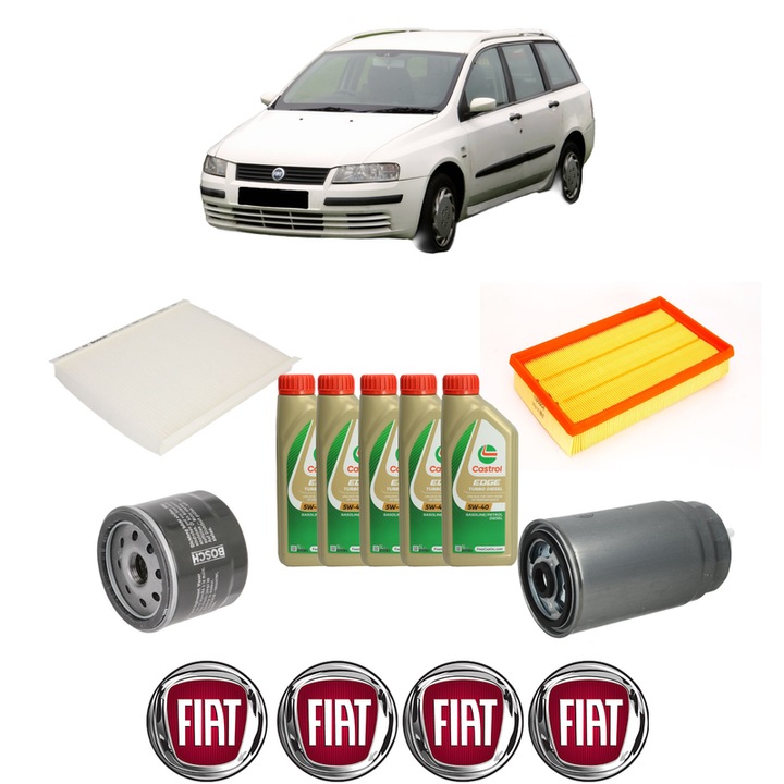 Pachet filtre revizie Bosch, 5 litrii ulei Castrol 5W40 FIAT STILO Multi Wagon (192_) 1.9 JTD din 2003-2008, 4x Stickere auto cu FIAT