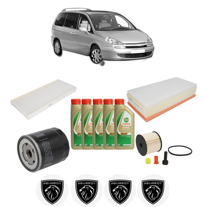 Pachet filtre revizie Bosch, 5 litrii ulei Castrol 5W40 PEUGEOT 807 (EB_) 2.0 HDi din 2004, 4x Stickere auto cu PEUGEOT