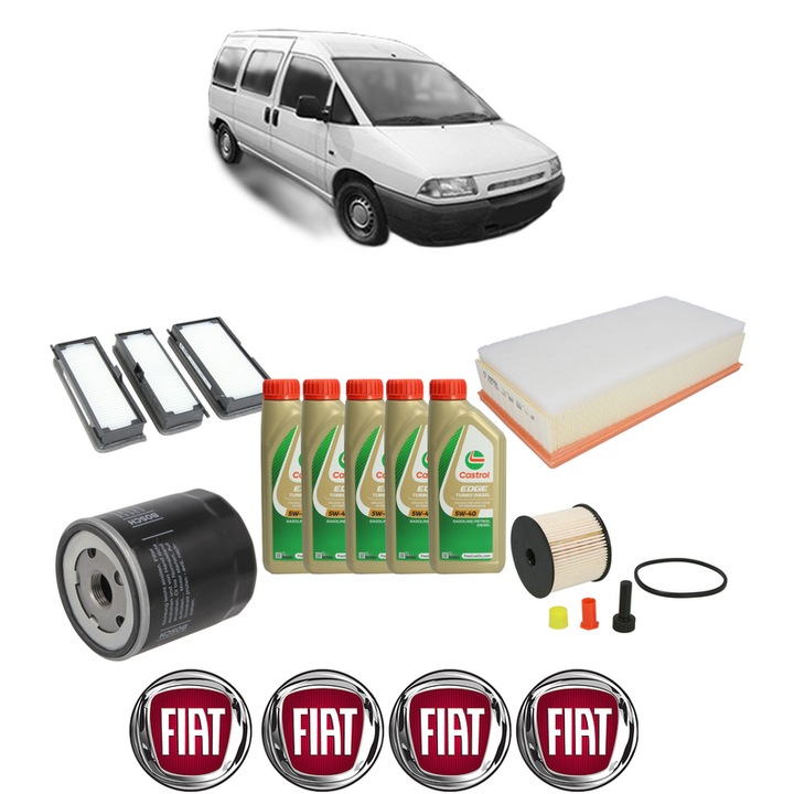 Pachet filtre revizie Bosch, 5 litrii ulei Castrol 5W40 FIAT SCUDO Bus (220_) 2.0 JTD din 2004-2006, 4x Stickere auto cu FIAT