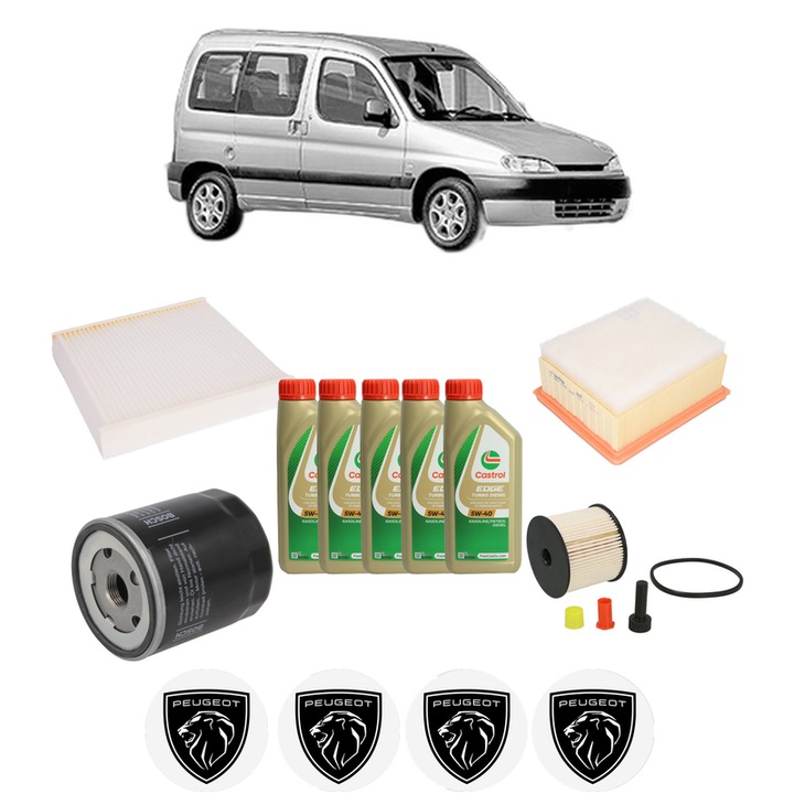 Pachet filtre revizie Bosch, 5 litrii ulei Castrol 5W40 PEUGEOT PARTNER MPV (5_, G_) 2.0 HDi 4x4 din 2004-2005, 4x Stickere auto cu PEUGEOT