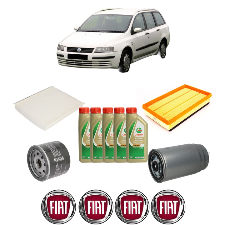 Pachet filtre revizie Bosch, 5 litrii ulei Castrol 5W40 FIAT STILO Multi Wagon (192_) 1.9 JTD din 2004-2008, 4x Stickere auto cu FIAT