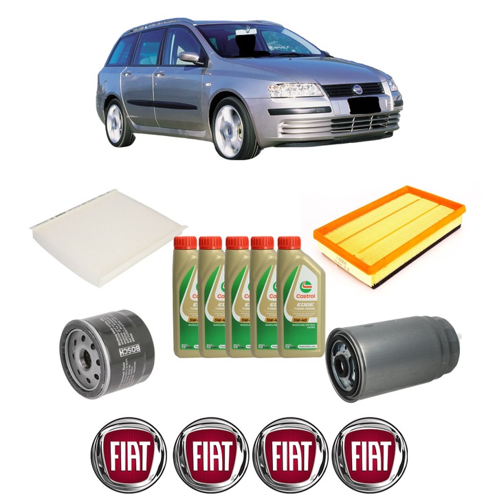 Pachet filtre revizie Bosch, 5 litrii ulei Castrol 5W40 FIAT STILO (192_) 1.9 D Multijet din 2005-2006, 4x Stickere auto cu FIAT