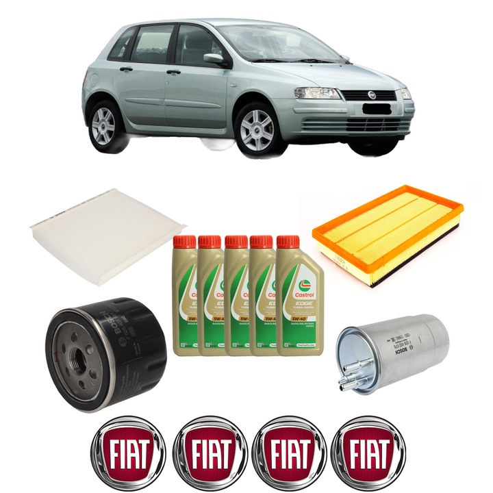 Pachet filtre revizie Bosch, 5 litrii ulei Castrol 5W40 FIAT STILO VAN (192_) 1.9 JTD (192DXS1A) din 2005-2008, 4x Stickere auto cu FIAT