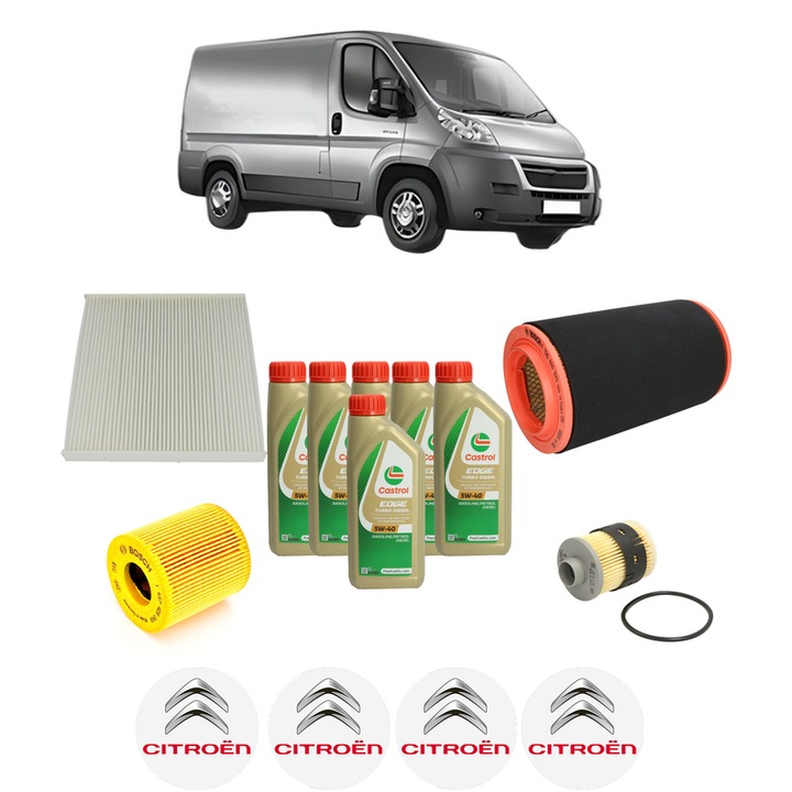 Pachet filtre revizie Bosch, 6 litrii ulei Castrol 5W40 CITROEN JUMPER II Van 2.2 HDi 120 din 2006-2016, 4x Stickere auto cu CITROEN