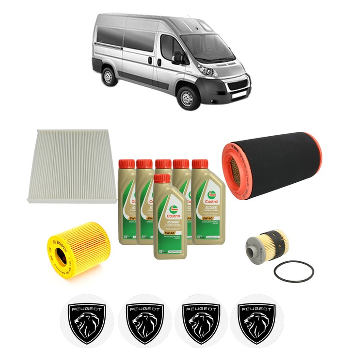 Pachet filtre revizie Bosch, 6 litrii ulei Castrol 5W40 PEUGEOT BOXER Bus 2.2 HDi 100 din 2006, 4x Stickere auto cu PEUGEOT