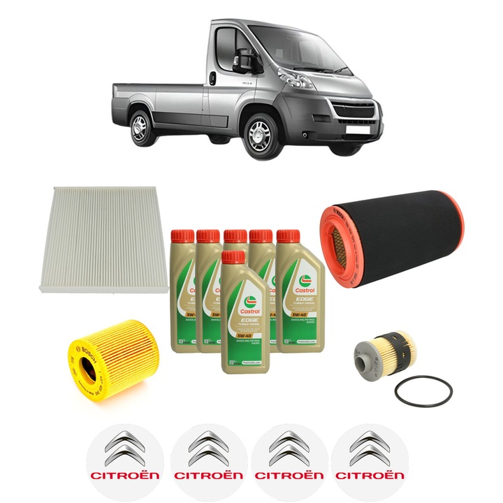 Pachet filtre revizie Bosch, 6 litrii ulei Castrol 5W40 CITROEN JUMPER II Platform/Chassis 2.2 HDi 120 din 2006-2016, 4x Stickere auto cu CITROEN