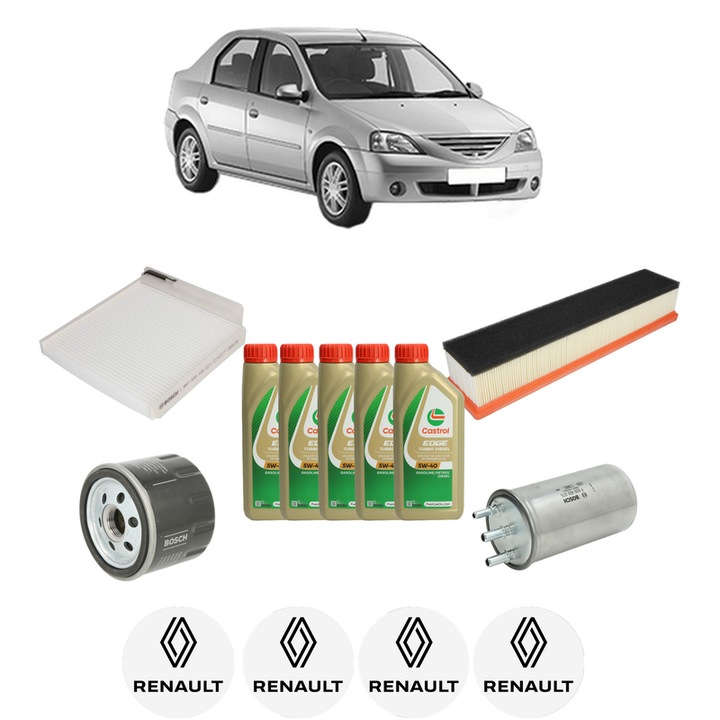 Pachet filtre revizie Bosch, 5 litrii ulei Castrol 5W40 RENAULT LOGAN I (LS_) 1.5 dCi din 2007, 4x Stickere auto cu RENAULT