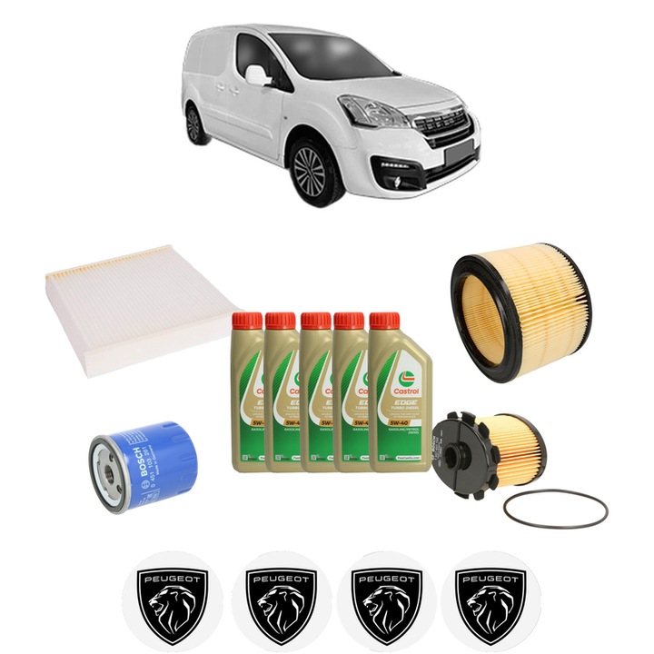 Pachet filtre revizie Bosch, 5 litrii ulei Castrol 5W40 PEUGEOT PARTNER ORIGIN MPV (G_) 1.9 D din 2008-2013, 4x Stickere auto cu PEUGEOT