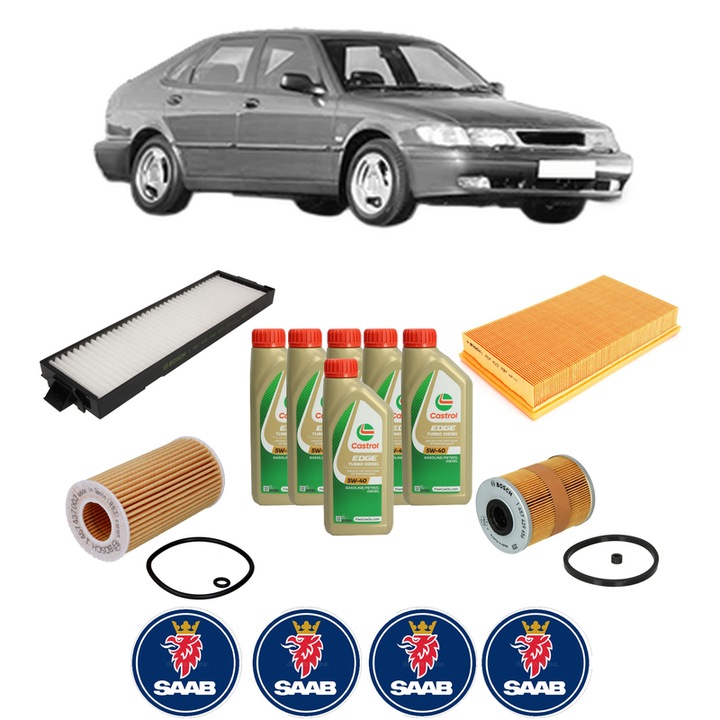 Pachet filtre revizie Bosch, 6 litrii ulei Castrol 5W40 SAAB 9-3 (YS3D) 2.2 TiD din 2000-2002, 4x Stickere auto cu SAAB
