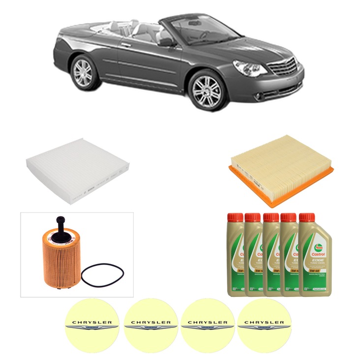 Pachet filtre revizie Bosch, 5 litrii ulei Castrol 5W40 CHRYSLER SEBRING Convertible (JS) 2.0 CRD din 2007-2010, 4x Stickere auto cu CHRYSLER