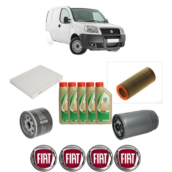 Pachet filtre revizie Bosch, 5 litrii ulei Castrol 5W40 FIAT DOBLO Box Body/MPV (223_) 1.9 JTD (223ZXE1A) din 2001, 4x Stickere auto cu FIAT