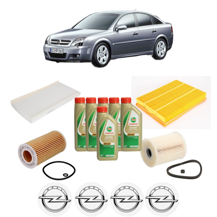 Pachet filtre revizie Bosch, 6 litrii ulei Castrol 5W40 OPEL VECTRA C GTS (Z02) 2.0 DTI 16V (F68) din 2002-2005, 4x Stickere auto cu OPEL