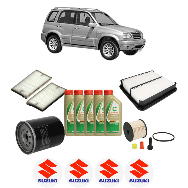 Pachet filtre revizie Bosch, 5 litrii ulei Castrol 5W40 SUZUKI GRAND VITARA I (FT, HT) 2.0 HDI 110 4x4 (SQ420D, TD82V) din 2001-2003, 4x Stickere auto cu SUZUKI
