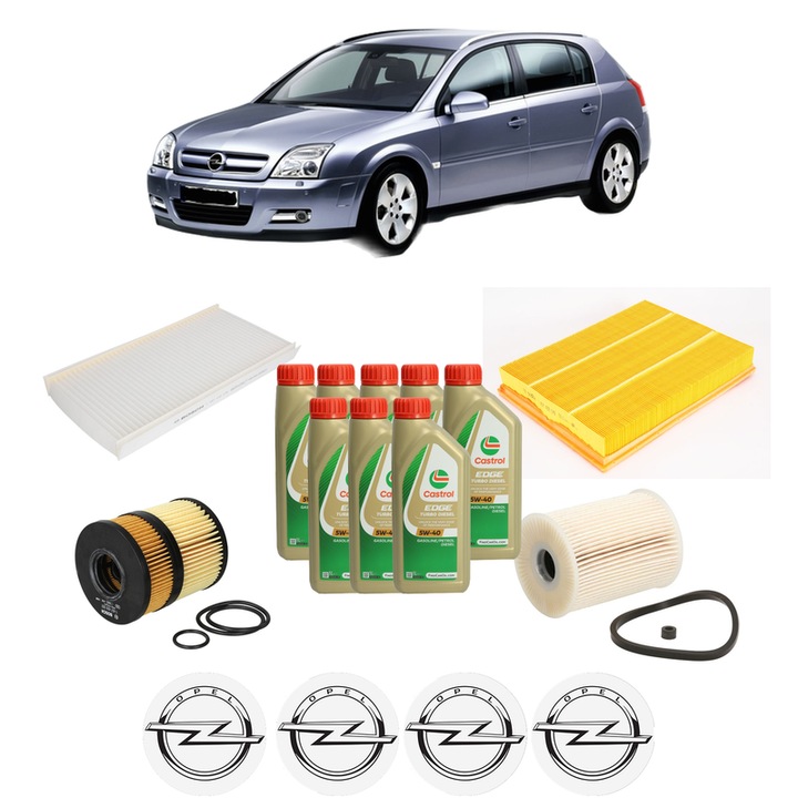 Pachet filtre revizie Bosch, 8 litrii ulei Castrol 5W40 OPEL SIGNUM Hatchback (Z03) 3.0 V6 CDTI (F48) din 2003-2005, 4x Stickere auto cu OPEL