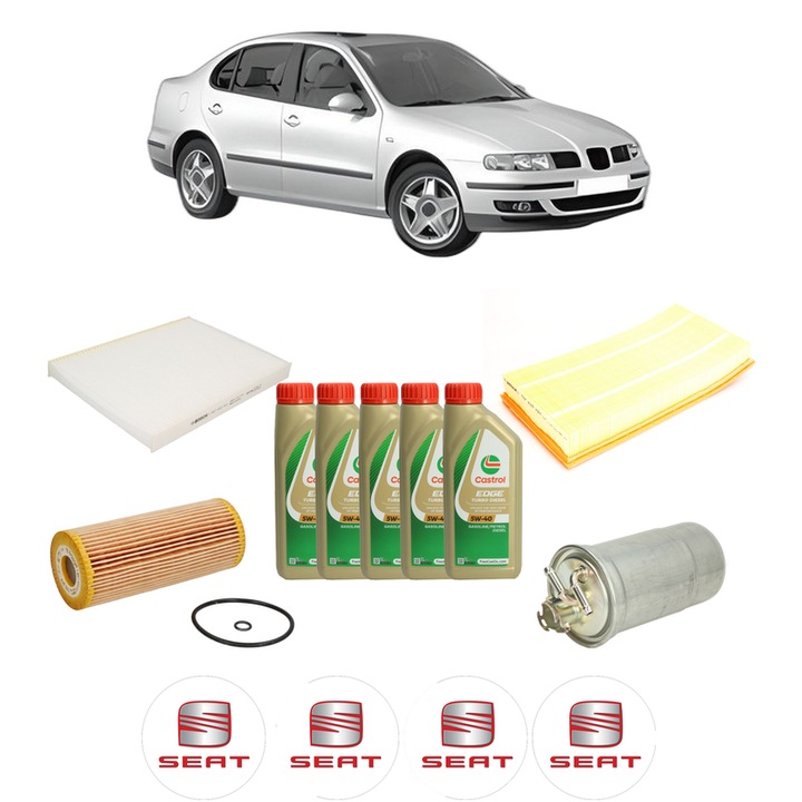 Pachet filtre revizie Bosch, 5 litrii ulei Castrol 5W40 SEAT TOLEDO II (1M2) 1.9 TDI din 2003-2006, 4x Stickere auto cu SEAT