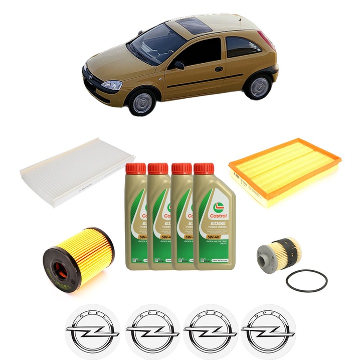 Pachet filtre revizie Bosch, 4 litrii ulei Castrol 5W40 OPEL CORSA C (X01) 1.3 CDTI (F08, F68) din 2003-2009, 4x Stickere auto cu OPEL