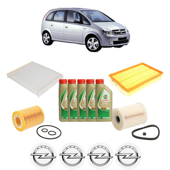 Pachet filtre revizie Bosch, 5 litrii ulei Castrol 5W40 OPEL MERIVA A MPV (X03) 1.7 DTI (E75) din 2003-2010, 4x Stickere auto cu OPEL