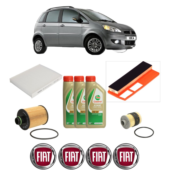 Pachet filtre revizie Bosch, 3 litrii ulei Castrol 5W40 FIAT IDEA (350_) 1.3 D Multijet din 2004, 4x Stickere auto cu FIAT