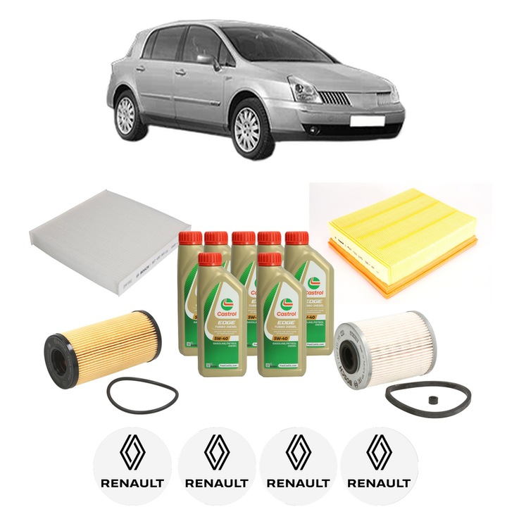 Pachet filtre revizie Bosch, 7 litrii ulei Castrol 5W40 RENAULT VEL SATIS (BJ0_) 2.2 dCi (BJ0E, BJ0F, BJ0G, BJ0H) din 2004, 4x Stickere auto cu RENAULT