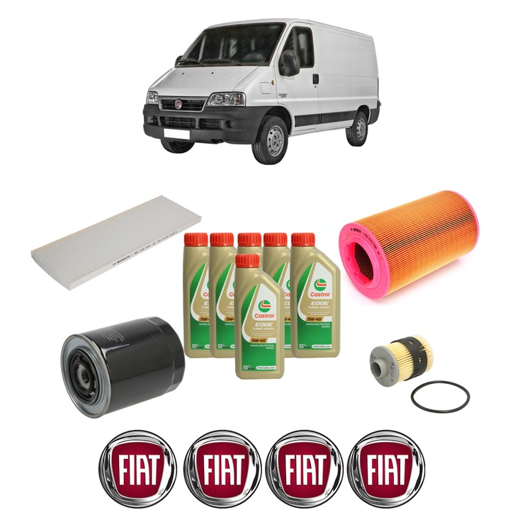 Pachet filtre revizie Bosch, 6 litrii ulei Castrol 5W40 FIAT DUCATO Bus (244_) 2.8 JTD din 2004-2006, 4x Stickere auto cu FIAT