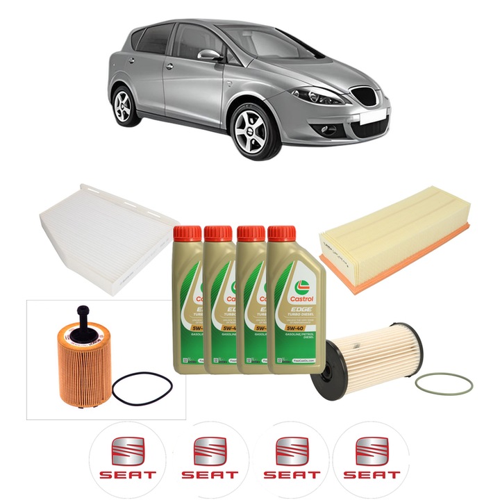 Pachet filtre revizie Bosch, 4 litrii ulei Castrol 5W40 SEAT TOLEDO III (5P2) 2.0 TDI 16V din 2004-2009, 4x Stickere auto cu SEAT