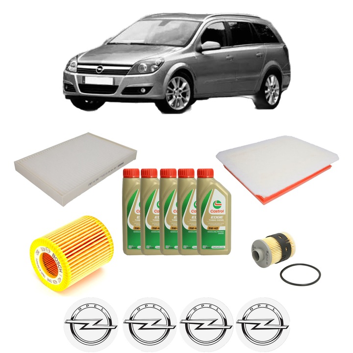 Pachet filtre revizie Bosch, 5 litrii ulei Castrol 5W40 OPEL ASTRA H Estate (A04) 1.9 CDTI (L35) din 2004-2010, 4x Stickere auto cu OPEL