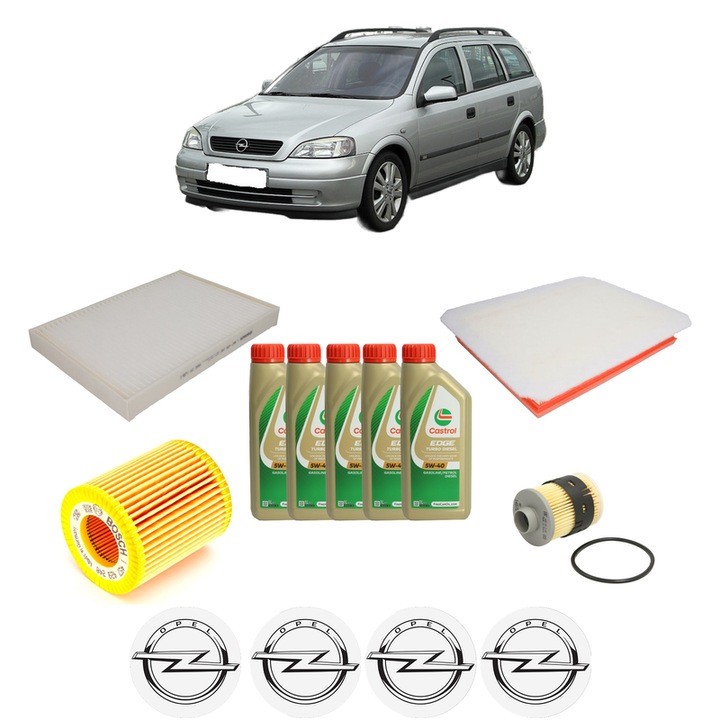 Pachet filtre revizie Bosch, 5 litrii ulei Castrol 5W40 OPEL ASTRA H Estate Van (L70) 1.9 CDTI (L70) din 2005-2012, 4x Stickere auto cu OPEL
