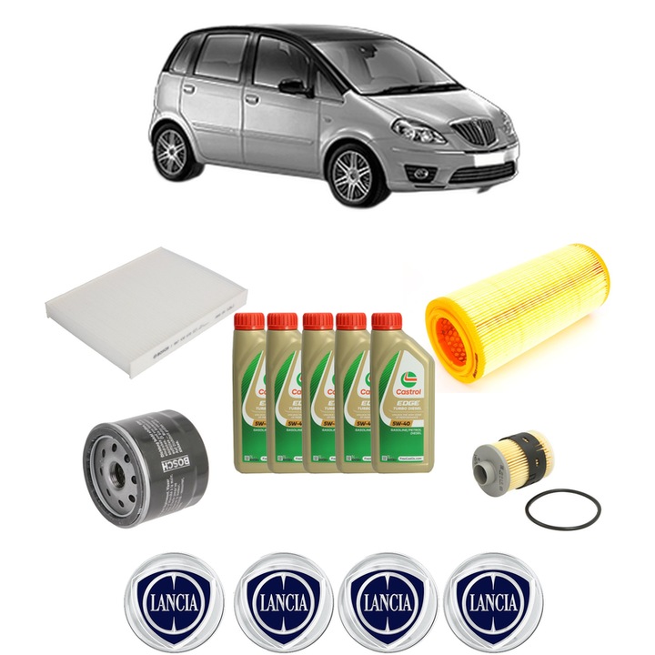 Pachet filtre revizie Bosch, 5 litrii ulei Castrol 5W40 LANCIA MUSA (350_) 1.9 D Multijet (350.AXC1A) din 2004-2012, 4x Stickere auto cu LANCIA