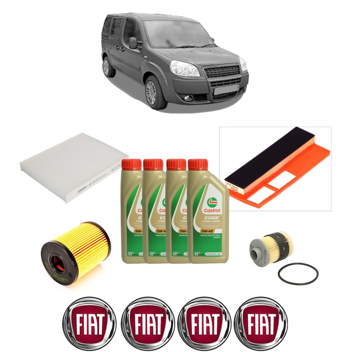 Pachet filtre revizie Bosch, 4 litrii ulei Castrol 5W40 FIAT DOBLO MPV (119_, 223_) 1.3 D Multijet din 2005, 4x Stickere auto cu FIAT