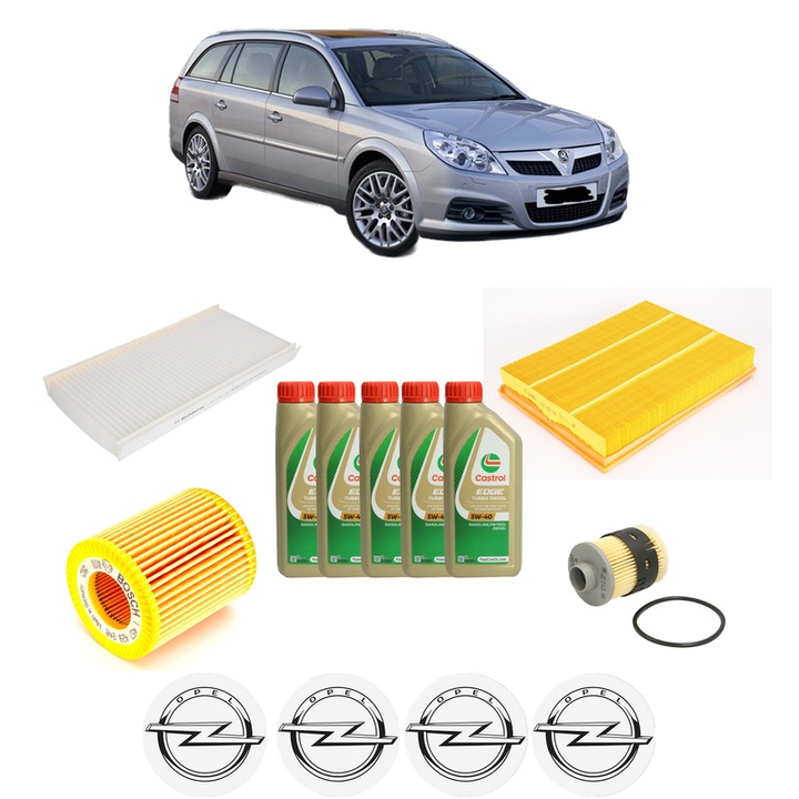 Pachet filtre revizie Bosch, 5 litrii ulei Castrol 5W40 OPEL VECTRA C Estate (Z02) 1.9 CDTI (F35) din 2005-2008, 4x Stickere auto cu OPEL