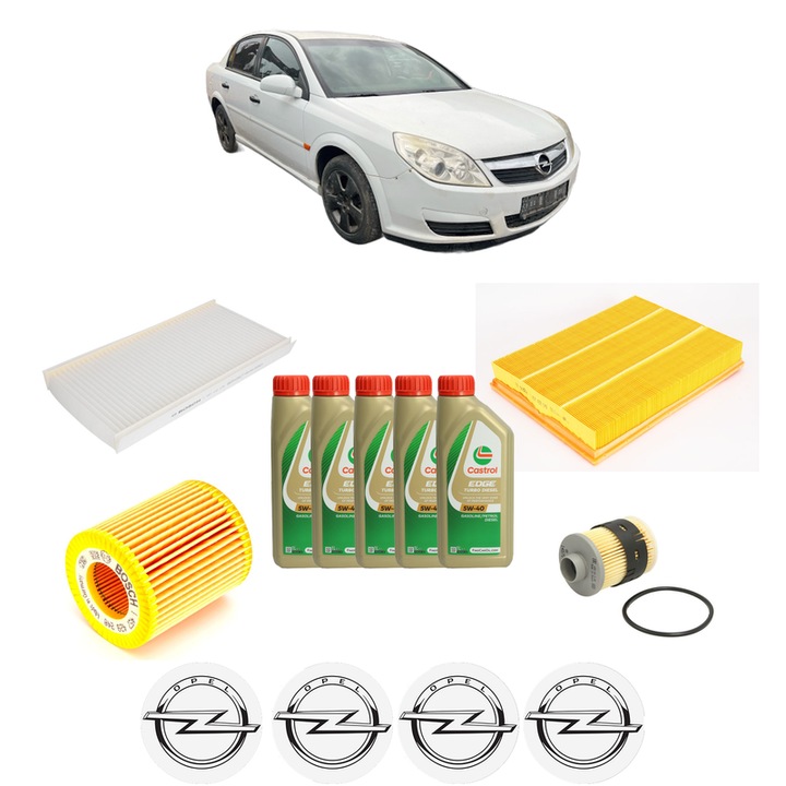 Pachet filtre revizie Bosch, 5 litrii ulei Castrol 5W40 OPEL VECTRA C (Z02) 1.9 CDTI (F69) din 2005-2008, 4x Stickere auto cu OPEL