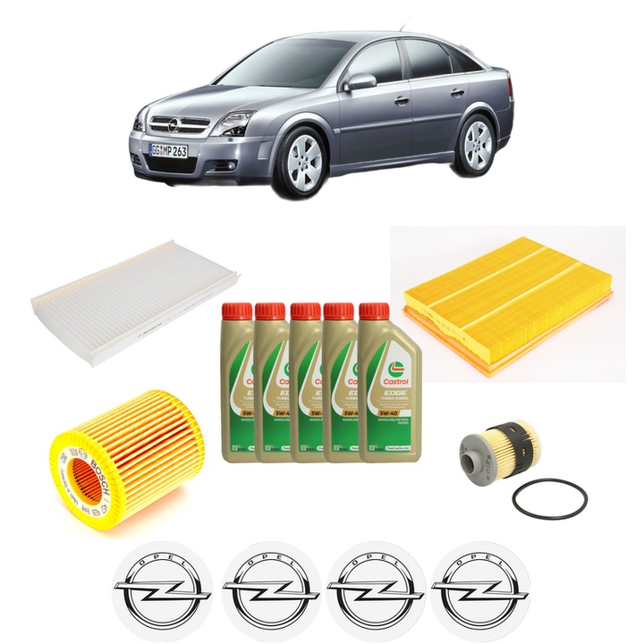 Pachet filtre revizie Bosch, 5 litri ulei Castrol 5W40 OPEL VECTRA C GTS (Z02) 1.9 CDTI (F68) din 2004-2009, 4x Stickere auto cu OPEL