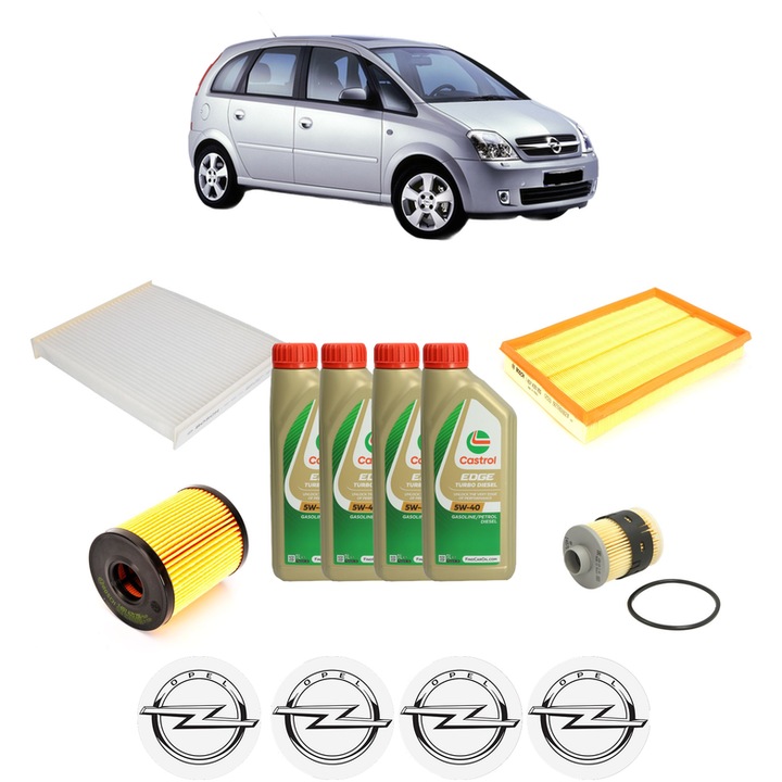 Pachet filtre revizie Bosch, 4 litrii ulei Castrol 5W40 OPEL MERIVA A MPV (X03) 1.3 CDTI (E75) din 2003-2010, 4x Stickere auto cu OPEL