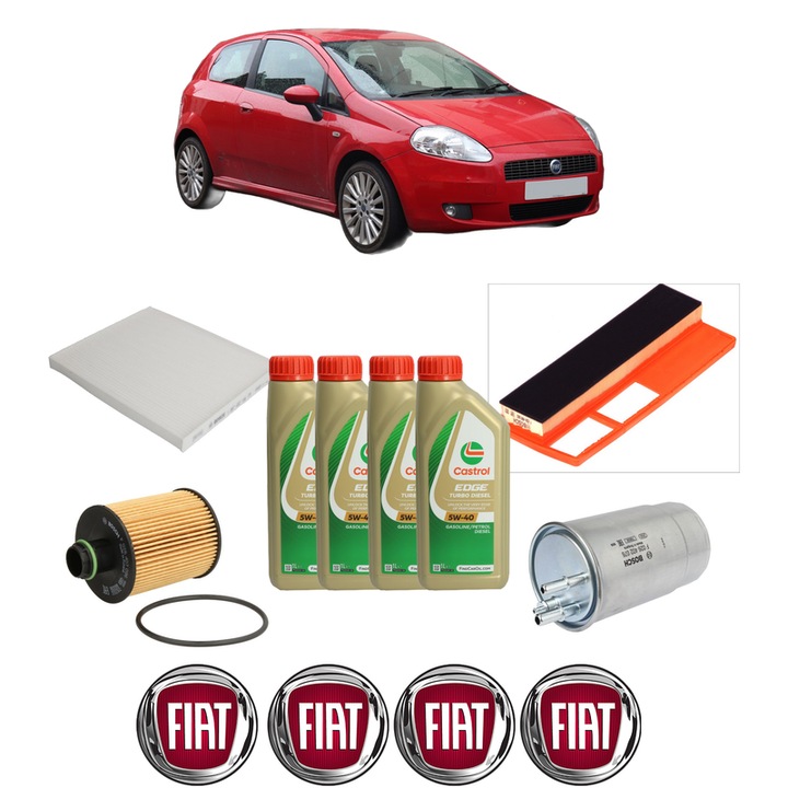 Pachet filtre revizie Bosch, 4 litrii ulei Castrol 5W40 FIAT GRANDE PUNTO (199_) 1.3 D Multijet (199.AXD11, 199.AXD1A, 199.AXD1B,... din 2005-2010, 4x Stickere auto cu FIAT