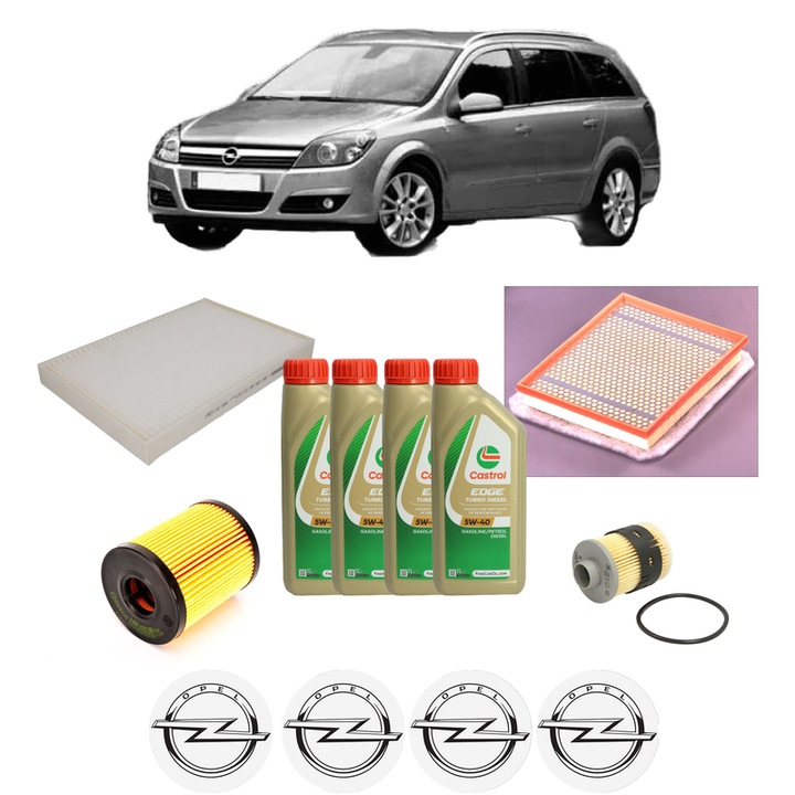 Pachet filtre revizie Bosch, 4 litrii ulei Castrol 5W40 OPEL ASTRA H Estate (A04) 1.3 CDTI (L35) din 2005-2010, 4x Stickere auto cu OPEL