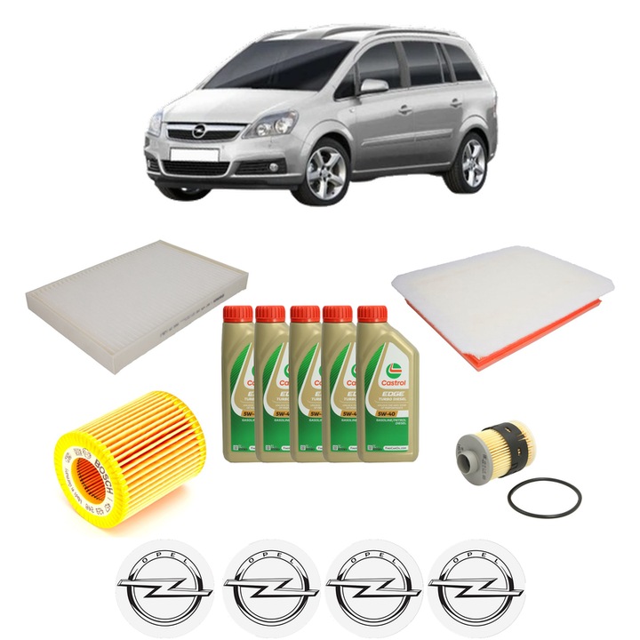 Pachet filtre revizie Bosch, 5 litrii ulei Castrol 5W40 OPEL ZAFIRA / ZAFIRA FAMILY B (A05) 1.9 CDTI (M75) din 2005-2015, 4x Stickere auto cu OPEL