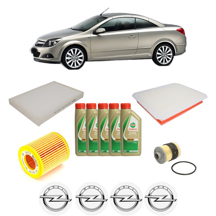 Pachet filtre revizie Bosch, 5 litrii ulei Castrol 5W40 OPEL ASTRA H TwinTop (A04) 1.9 CDTi (L67) din 2005-2010, 4x Stickere auto cu OPEL
