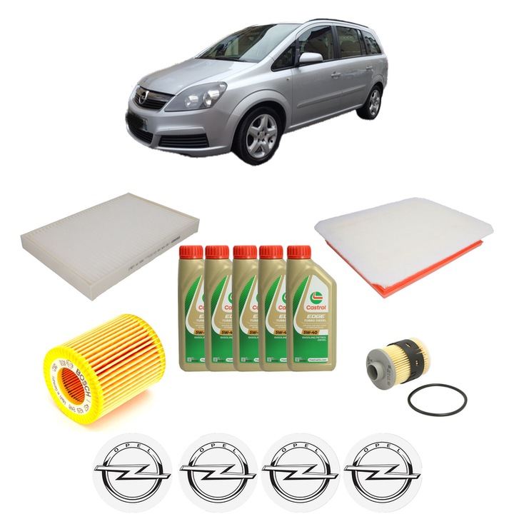 Pachet filtre revizie Bosch, 5 litrii ulei Castrol 5W40 OPEL ZAFIRA B Box Body/MPV (A05) 1.9 CDTI VAN (M75) din 2005-2015, 4x Stickere auto cu OPEL