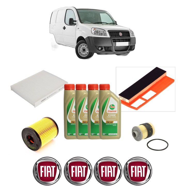 Pachet filtre revizie Bosch, 4 litrii ulei Castrol 5W40 FIAT DOBLO Box Body/MPV (223_) 1.3 JTD 16V Multijet din 2006, 4x Stickere auto cu FIAT