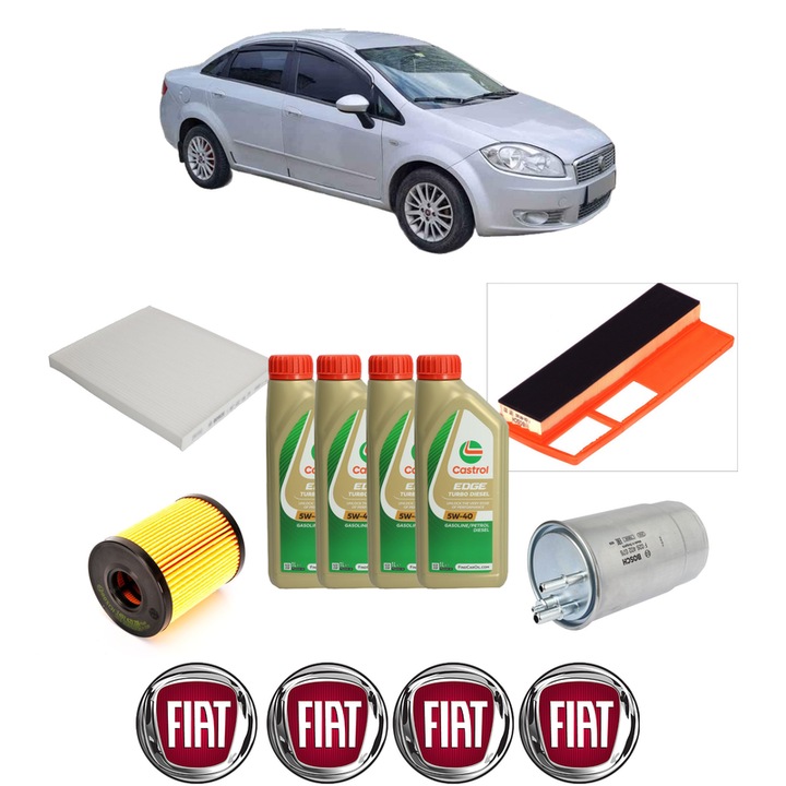 Pachet filtre revizie Bosch, 4 litrii ulei Castrol 5W40 FIAT LINEA (323_, 110_) 1.3 JTD Multijet (323AXB1A) din 2006, 4x Stickere auto cu FIAT