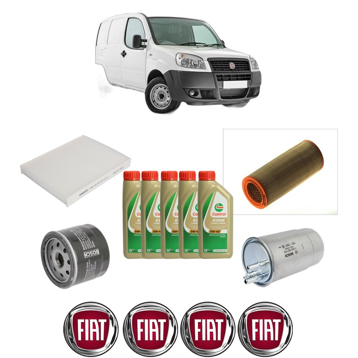 Pachet filtre revizie Bosch, 5 litrii ulei Castrol 5W40 FIAT DOBLO Box Body/MPV (223_) 1.9 JTD Multijet din 2006, 4x Stickere auto cu FIAT
