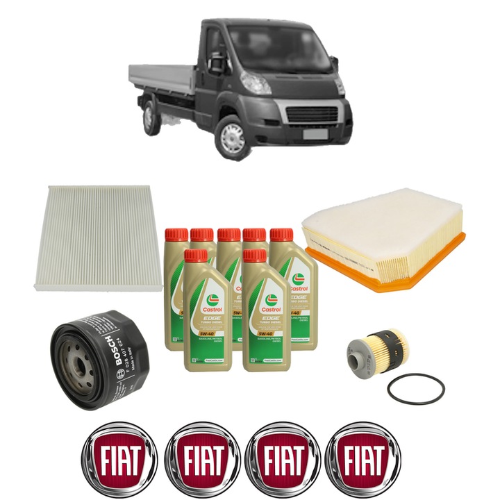 Pachet filtre revizie Bosch, 7 litrii ulei Castrol 5W40 FIAT DUCATO Platform/Chassis (250_) 120 Multijet 2, 3 D din 2006, 4x Stickere auto cu FIAT