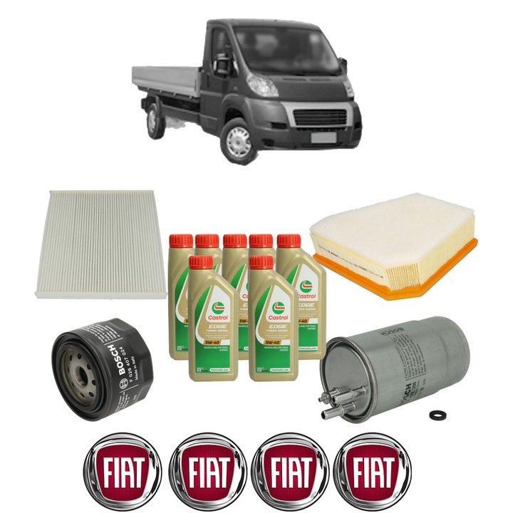 Pachet filtre revizie Bosch, 7 litrii ulei Castrol 5W40 FIAT DUCATO Platform/Chassis (250_) 130 Multijet 2, 3 D din 2006, 4x Stickere auto cu FIAT