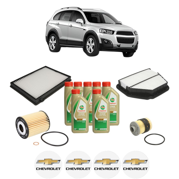 Pachet filtre revizie Bosch, 7 litrii ulei Castrol 5W40 CHEVROLET CAPTIVA (C100, C140) 2.0 D 4WD din 2006, 4x Stickere auto cu CHEVROLET